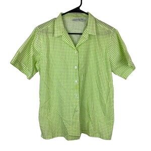Haband Men's Short Sleeve Green Gingham Button Down Shirt Size L Summer *Stain*